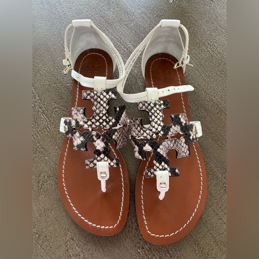 Tory Burch White Leather Sandals with Snake-Print Logo Accent